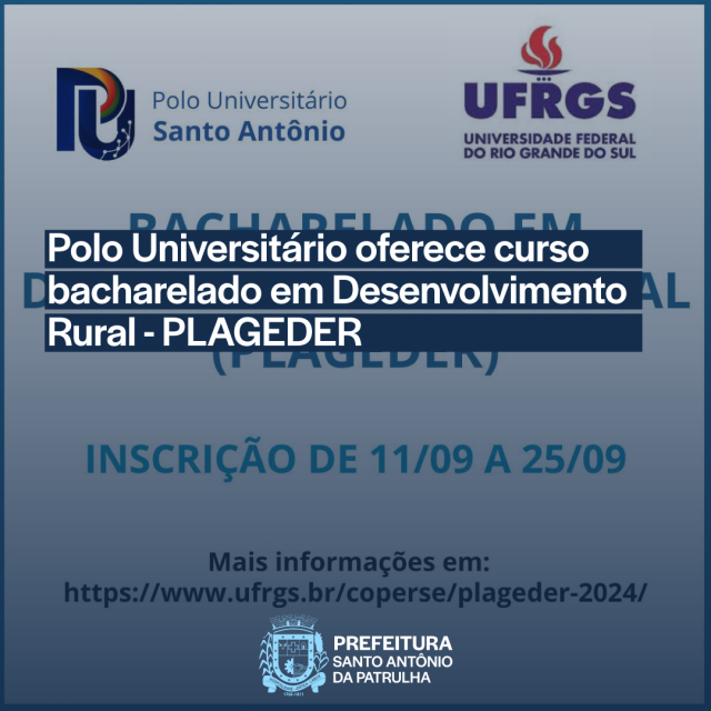 O Polo Universitário Santo Antônio está com inscrições abertas, até o próximo dia 25, para o processo seletivo de ingresso para o curso de bacharelado em Desenvolvimento Rural