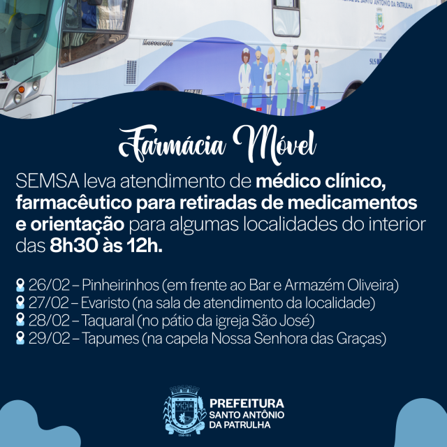 Farmácia Móvel de Saúde vai estar presente em algumas localidades do interior.